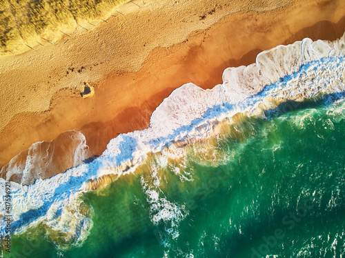 Aerial drone view of Atlantic ocean shore line in Brittany, France