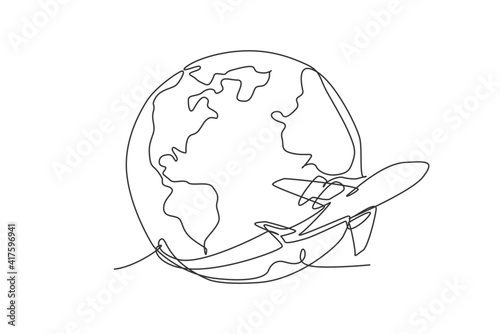 Airplane flying around the earth. Single continuous line world globe map graphic icon. Simple one line doodle for traveling concept. Isolated vector illustration minimalist design on white background