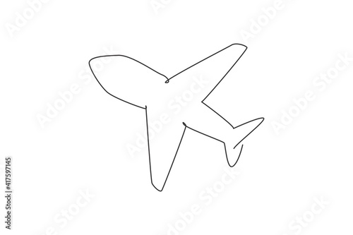 Single one line drawing of flying airplane. Transportation icon silhouette for education concept.  Travel business presentation clipart isolated on white background. Design vector graphic illustration