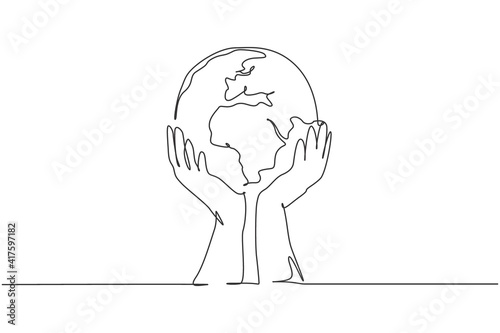 Hands hold earth. Single continuous line world global map graphic icon. Simple one line doodle for non profit organization concept. Isolated vector illustration minimalist design on white background