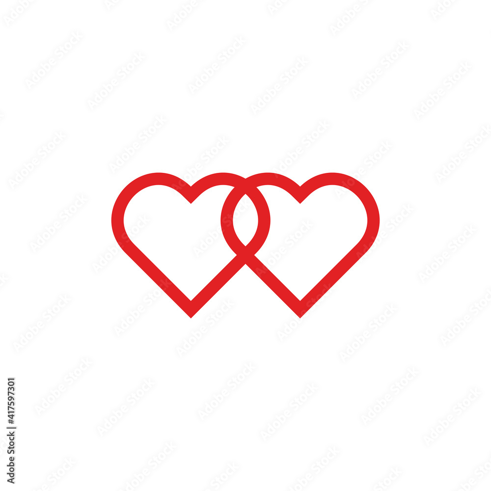 link line drawing two hearts, red vector minimalist illustration of love concept on white background . Vector illustration.