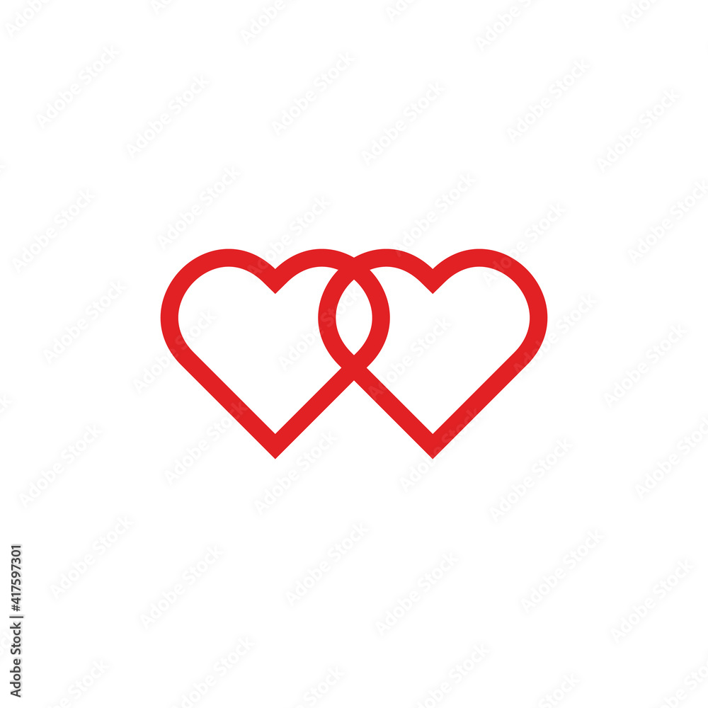 link line drawing two hearts, red vector minimalist illustration of love concept on white background . Vector illustration. link line drawing two hearts, red vector minimalist illustration of love concept on white background . Vector illustration.