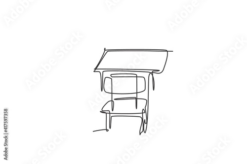 Single continuous line drawing of wooden school chair and table set. Back to school minimalist style. Education concept. Modern one line draw graphic design vector illustration