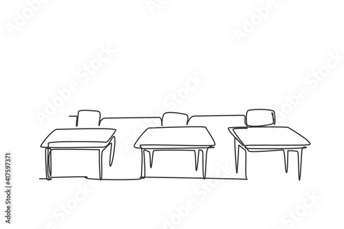 Single one line drawing of school chair and table inside a kindergarten classroom. Back to school minimalist, education concept. Continuous simple line draw style design graphic vector illustration