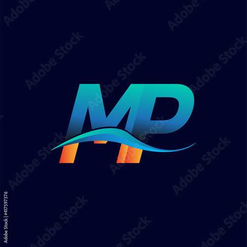 Initial letter logo MP company name blue and orange color swoosh design. vector logotype for business and company identity.