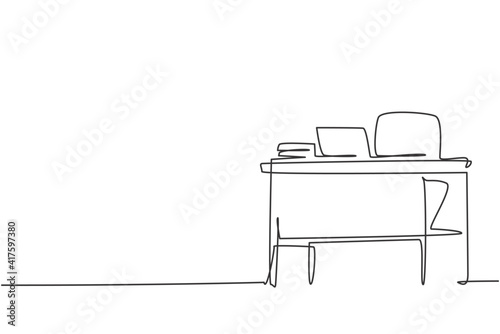 Single continuous line drawing of teacher chair and desk at school office. Back to school minimalist style. Education concept. Modern one line draw graphic design vector illustration