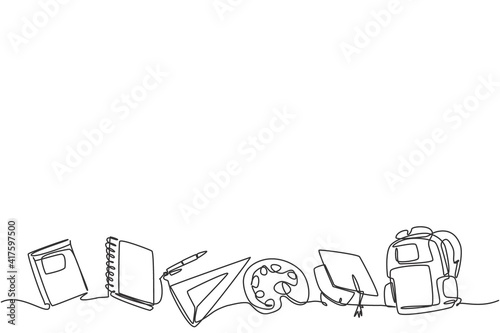 Single continuous line drawing of book, ruler, school bag, graduation cap for page layout. Back to school minimalist style. Education concept. Modern one line draw graphic design vector illustration