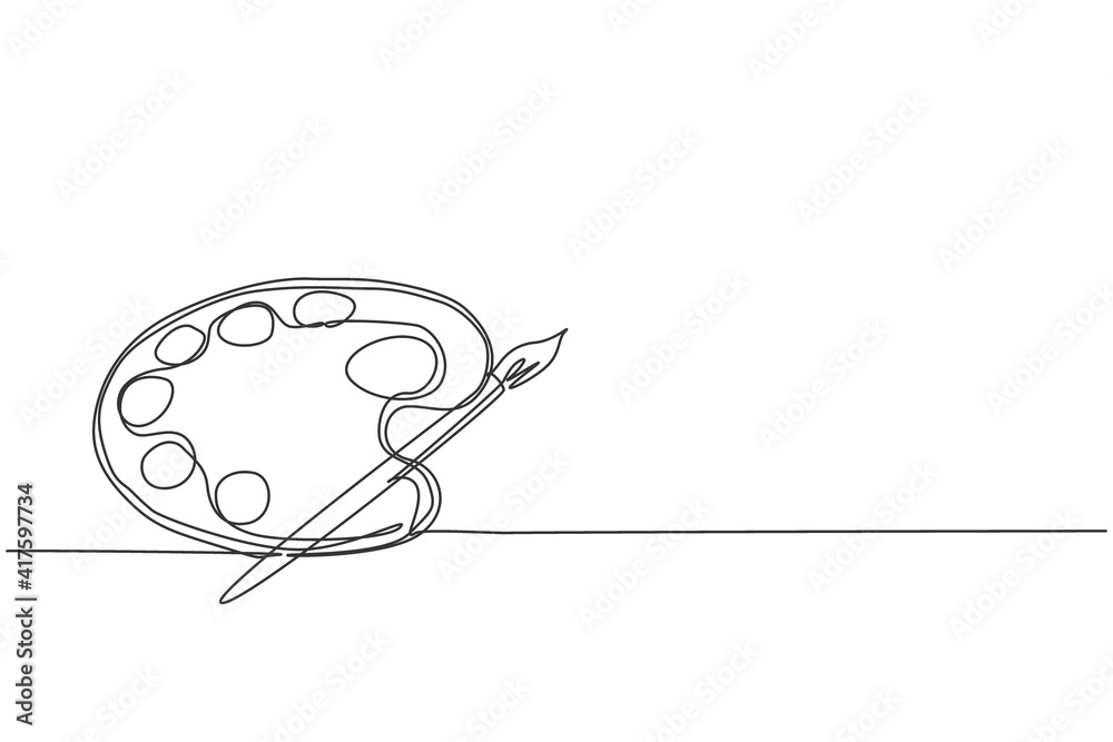 Single one line drawing of brush paint with watercolour palette. Back to school minimalist, art education concept. Continuous simple line draw style design graphic vector illustration Single one line drawing of brush paint with watercolour palette. Back to school minimalist, art education concept. Continuous simple line draw style design graphic vector illustration