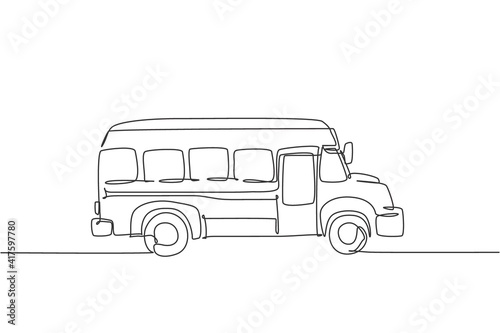 Single continuous line drawing of old elementary school bus vehicle. Back to school minimalist style. Transportation for education concept. Modern one line draw graphic design vector illustration