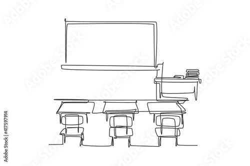 Continuous one line drawing interior design at school classroom with white board. Back to school hand drawn minimalism concept. Single line draw design for education vector graphic illustration