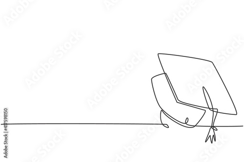 Continuous one line drawing graduation cap with tassel. Back to school hand drawn minimalism concept. Single line draw design for graduating education vector graphic illustration