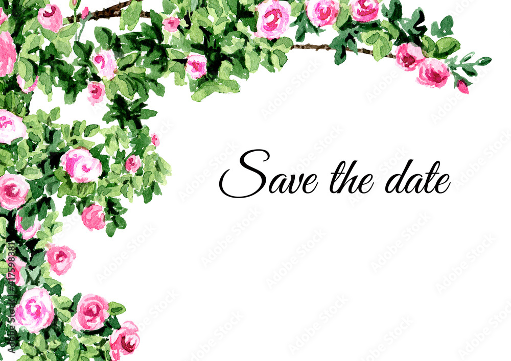 Climbing roses, save the date card with copy space, Hand drawn watercolor illustration Climbing roses, save the date card with copy space, Hand drawn watercolor illustration