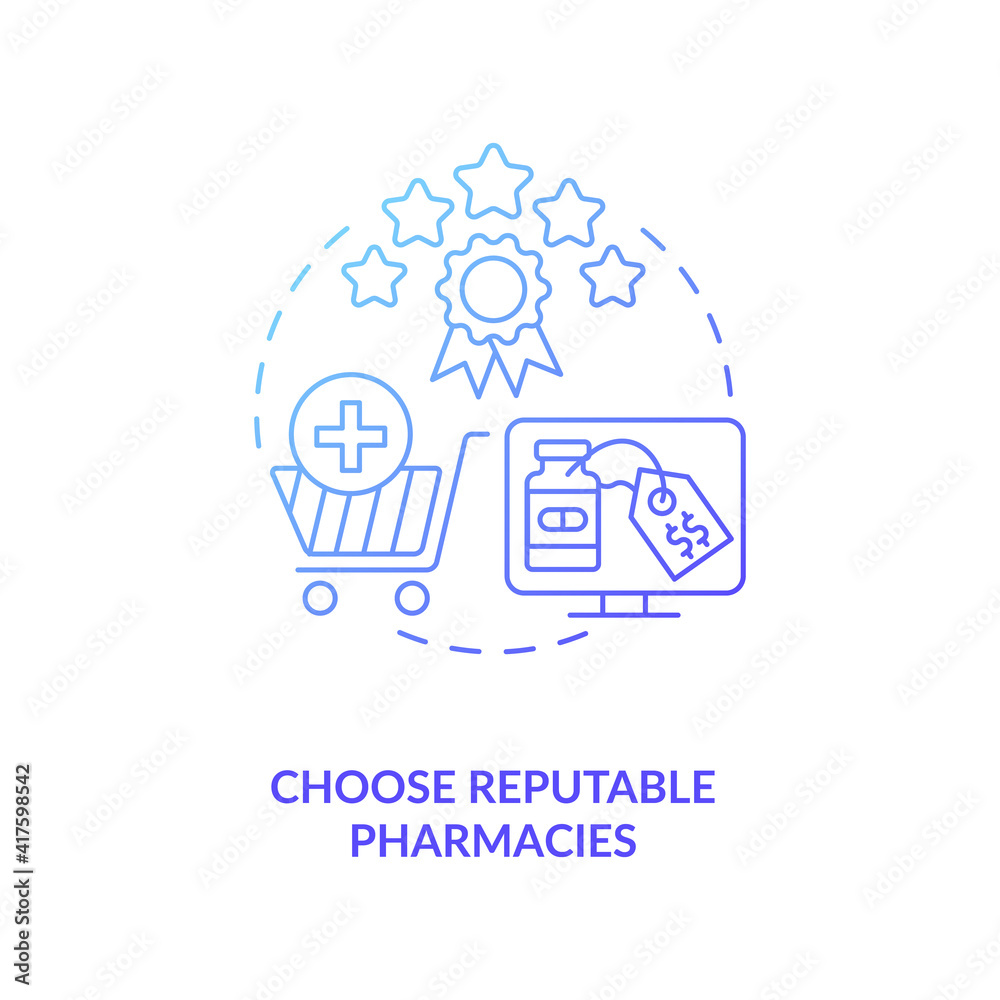 Choose reputable pharmacies concept icon. Safe shopping. Getting medicines from home idea thin line illustration. Buying medicine online tips. Vector isolated outline RGB color drawing.