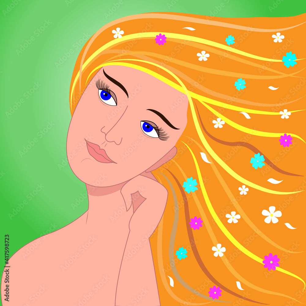 Portrait of a cute girl who dreams of spring. A picture of a young woman's face with flowers in her long hair.