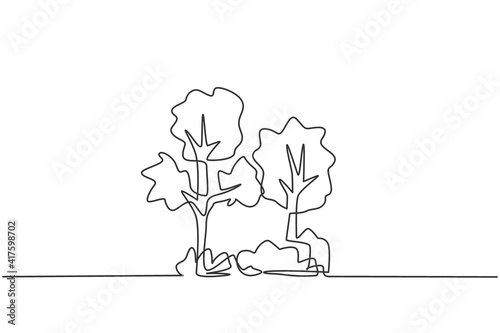 Single continuous line drawing of green trees for garden decoration. Natural eco friendly logo isolated minimalism concept. Dynamic one line draw graphic design vector illustration on white background