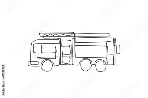 Single one line drawing of firetruck with rescue ladder and nozzle. Fire engine as firefighter apparatus isolated doodle minimal concept. Trendy continuous line draw design graphic vector illustration