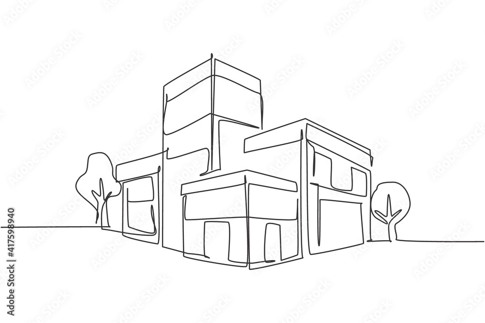 Single continuous line drawing luxury house building at big city. Home architecture property