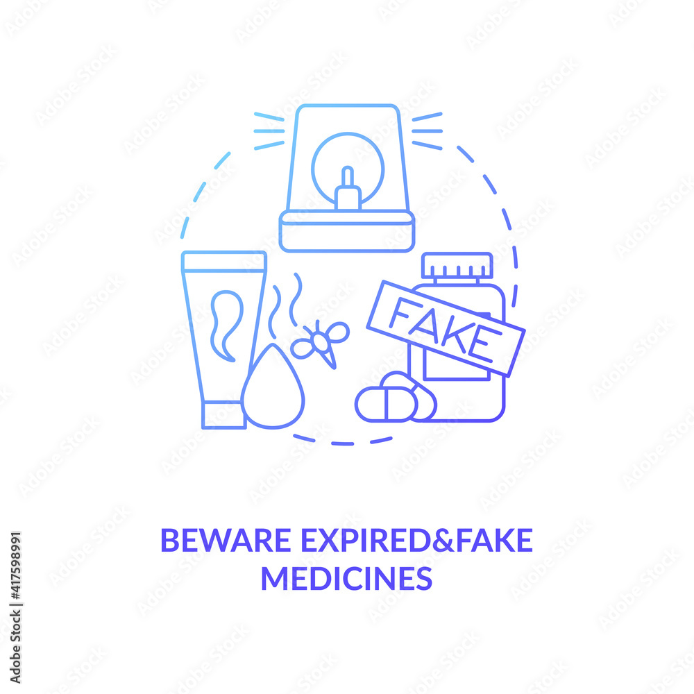 Beware expired and fake medicines concept icon. Online drug store idea thin line illustration. Safe shopping. Buying medicine online tips. Vector isolated outline RGB color drawing.