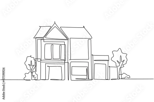 Single one line drawing of green fresh modest house at countryside. Home eco building construction isolated doodle minimal concept. Trendy continuous line draw design graphic vector illustration