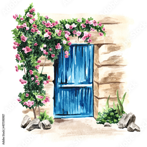 Wooden blue door in an old stone wall with climbing rores. Hand drawn watercolor illustration isolated on white background photo
