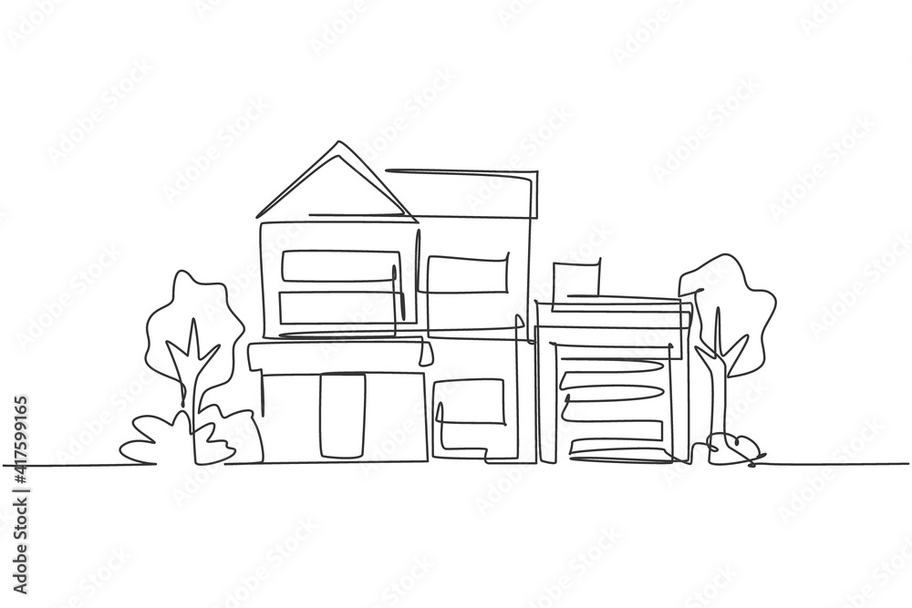 Single one line drawing green minimalist modest house in town. Home ...