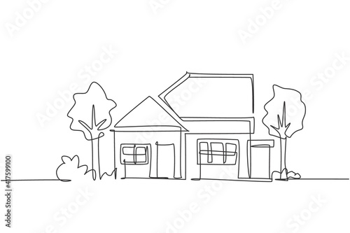 Single continuous line drawing green eco modest house at village. Home building construction isolated minimalism concept. Dynamic one line draw graphic design vector illustration on white background