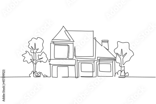 Single one line drawing of eco friendly house construction building. Home architectural property isolated doodle minimal concept. Trendy continuous line draw design graphic vector illustration