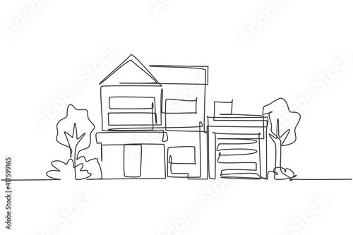 Single one line drawing green minimalist modest house in town. Home architecture building construction isolated doodle minimal concept. Trendy continuous line draw design graphic vector illustration