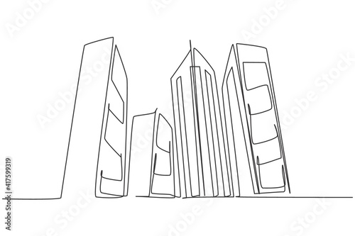Continuous one line drawing of tall skyscraper buildings in big city. Business office building district hand drawn minimalist concept. Modern single line draw design vector graphic illustration