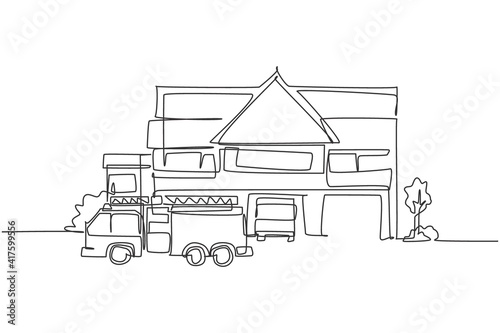 Continuous one line drawing of fire station construction building with fire engine. Basecamp for firefighter hand drawn minimalist concept. Modern single line draw design vector graphic illustration