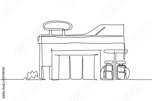 Single one line drawing of gas station building construction at countryside. Fuel station service isolated doodle minimal concept. Trendy continuous line draw design graphic vector illustration