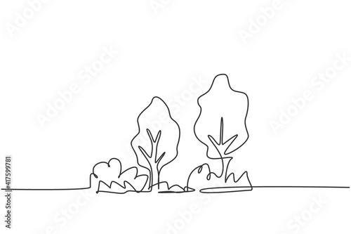Continuous one line drawing of eco green tree with bush for garden icon. Natural ecology park logo hand drawn minimalist concept. Modern single line draw design vector graphic illustration
