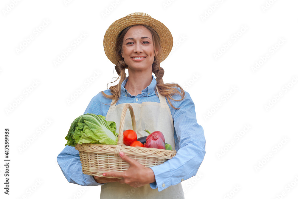 Woman dressed apron white background Caucasian middle age female business owner in uniform Woman dressed apron white background Caucasian middle age female business owner in uniform