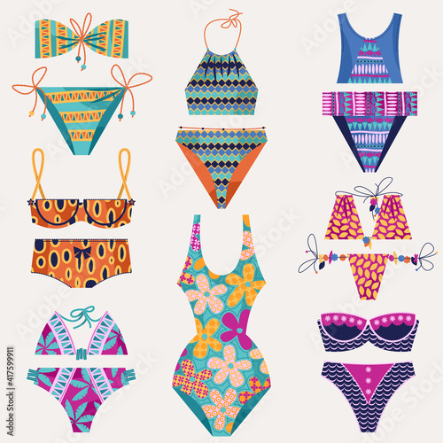 Set of 8 women’s multi-colored swimsuits. Bathing suit various models.