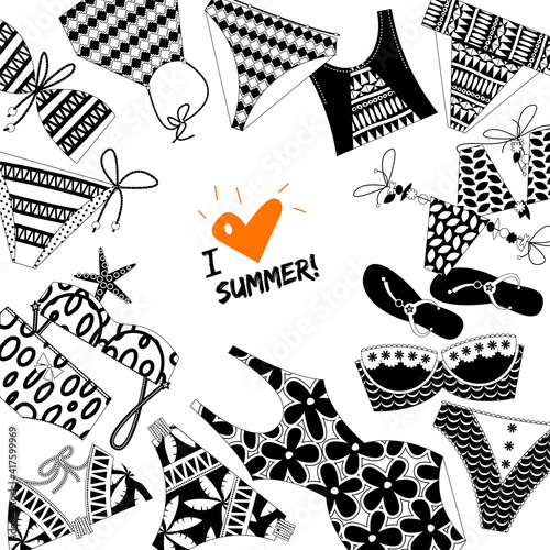 I love summer! Background with women’s black and white bathing suits. Template for card, poster, brochure.