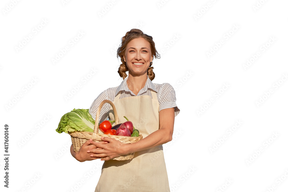 Woman dressed apron white background Caucasian middle age female business owner in uniform Woman dressed apron white background Caucasian middle age female business owner in uniform