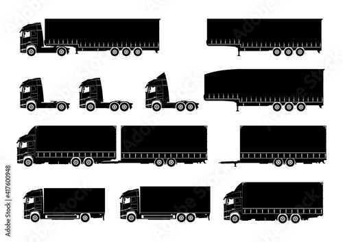 Truck icon. Set of silhouettes of a modern trucks and trailers on a white background. Flat vector.