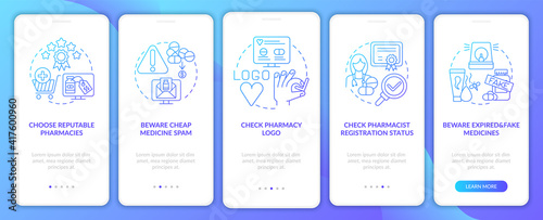 Buying medicine online tips onboarding mobile app page screen with concepts. Unpredictable side effects walkthrough 5 steps graphic instructions. UI vector template with RGB color illustrations