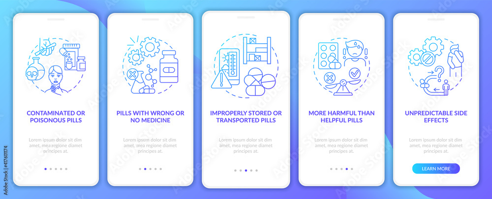 Unregistered pharmacies threats onboarding mobile app page screen with concepts. Improperly stored pills walkthrough 5 steps graphic instructions. UI vector template with RGB color illustrations