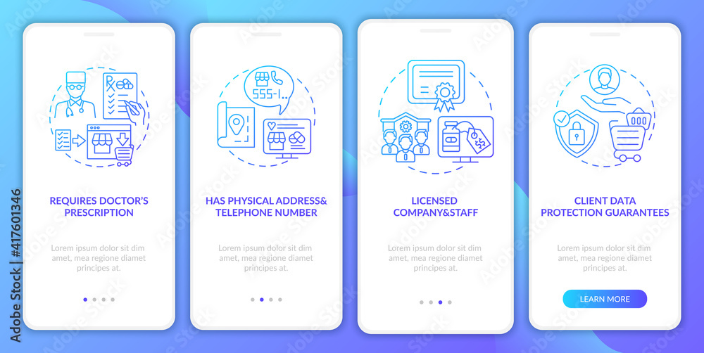 Safe online pharmacy signs onboarding mobile app page screen with concepts. Client data protection walkthrough 5 steps graphic instructions. UI vector template with RGB color illustrations