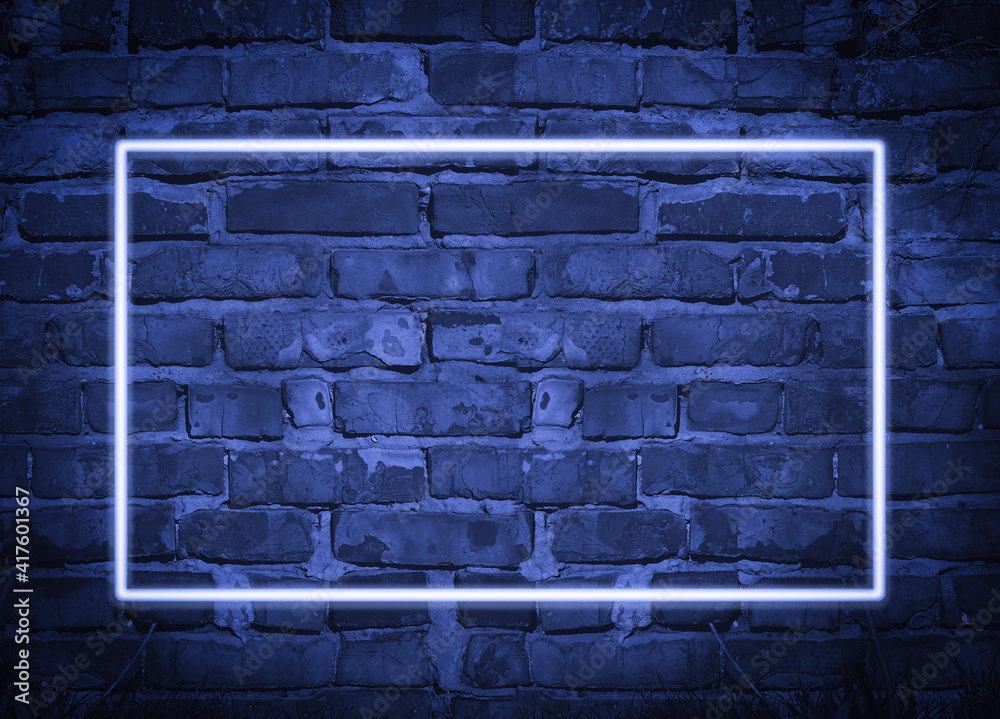 rectangular glowing blue neon frame on brick wall background, place for inscription rectangular glowing blue neon frame on brick wall background, place for inscription