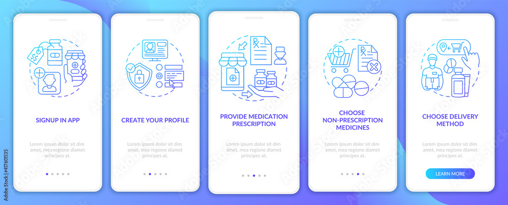 Online medication order steps onboarding mobile app page screen with concepts. Non-prescription medicines walkthrough 5 steps graphic instructions. UI vector template with RGB color illustrations