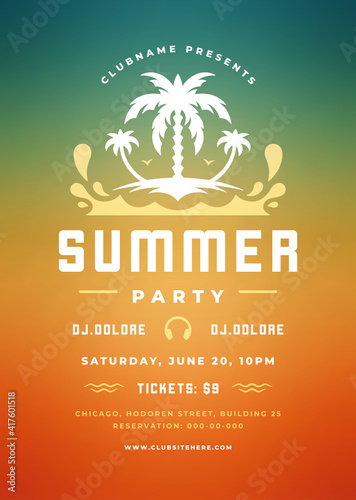 Summer party design poster or flyer night club event modern typography
