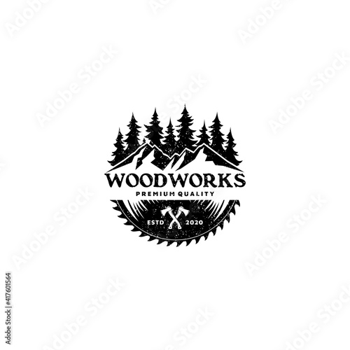 Sawmill Emblem Logo Vector for Carpentry, Woodworkers, Lumberjack, Sawmill Service