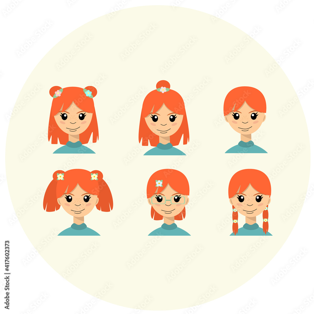 Cartoon redhead girl in different styles. Cartoon set character design, flat vector illustration for cards, logo or stickers Cartoon redhead girl in different styles. Cartoon set character design, flat vector illustration for cards, logo or stickers