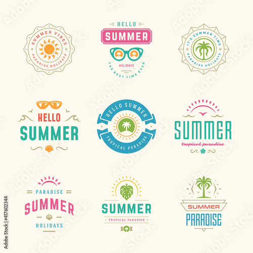 Summer holidays labels and badges retro typography design set.