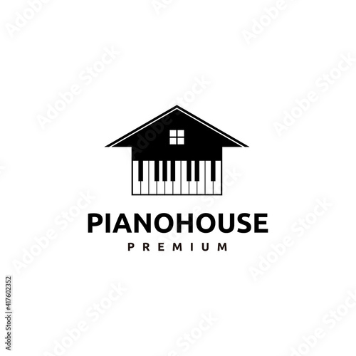 Piano House Logo Inspiration, Modern Creative Music Studio with House and Piano Sign Design Logo Template