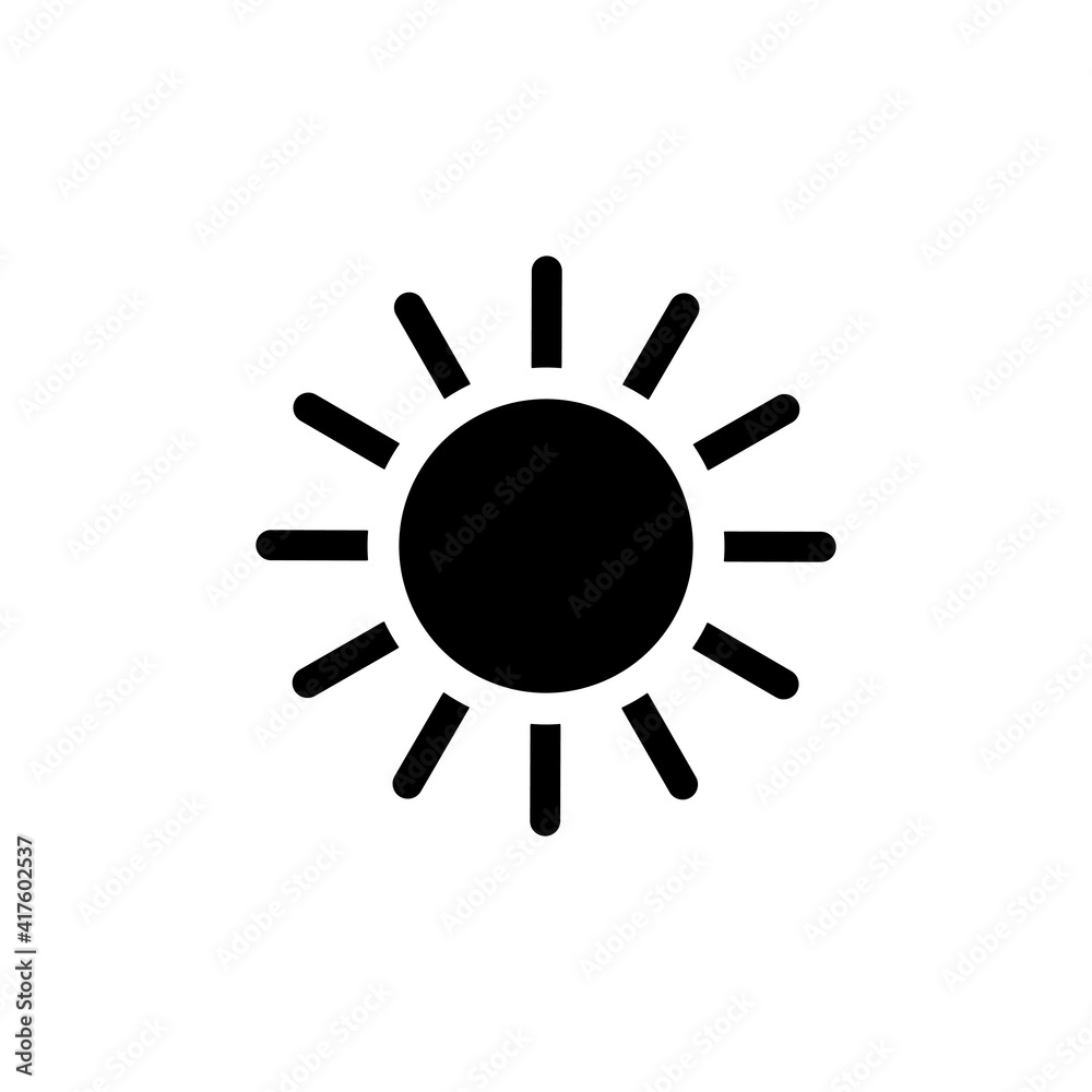 Sun icon. Black sun silhouette. Warm weather symbol. Vector isolated on white.