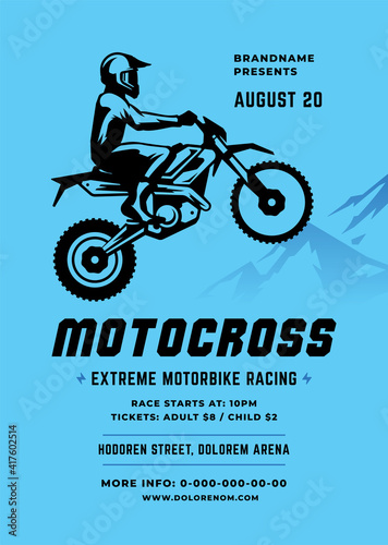 Motocross poster or flyer event modern typography design template and off road motorcycle with biker silhouette.