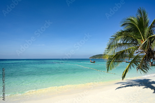 Fototapeta Naklejka Na Ścianę i Meble -  Coconut trees on the beautiful white beaches of the South. Andaman Sea, Thailand